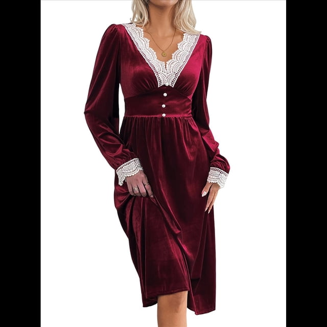 Vestido Formal Elegante de Terciopelo con Escote en V y Encaje Retro Estilo Vintage para Mujer. Rojo Vino M