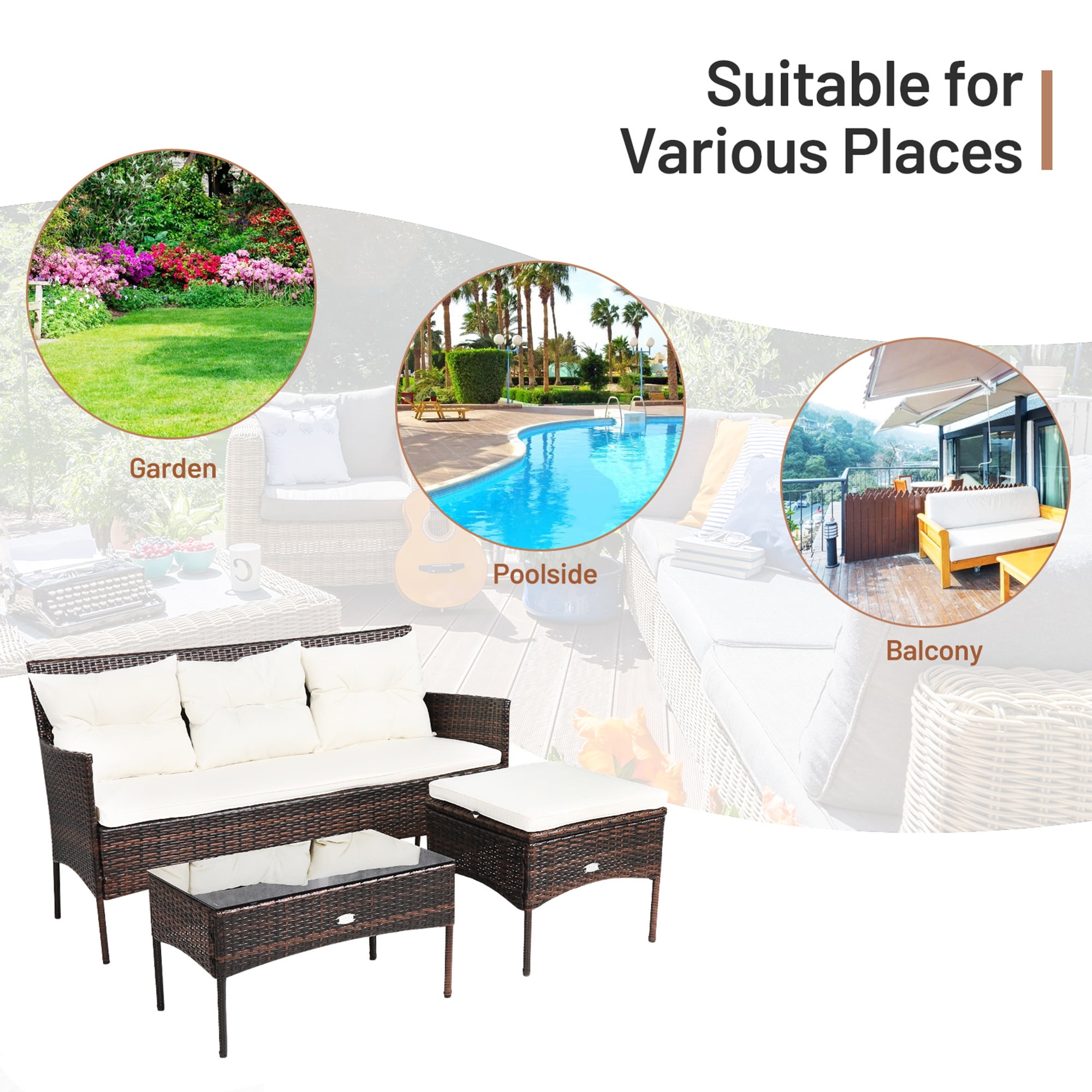 Gymax 3PCS Patio Rattan Sectional Conversation Furniture Set w/ Off White Cushions