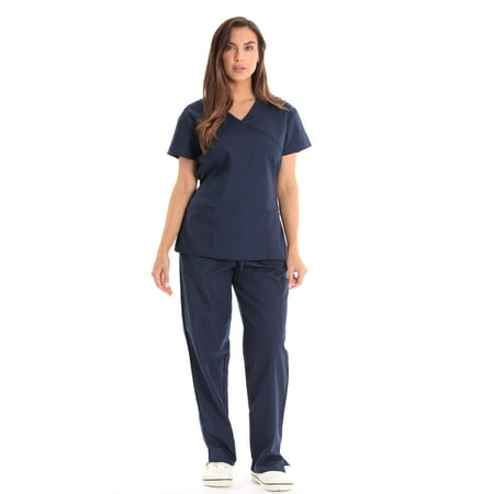 

Just Love Women s Medical Scrub Sets - Mock Wrap Scrubs with Comfortable Functionality (Navy With Navy Trim X-Small)