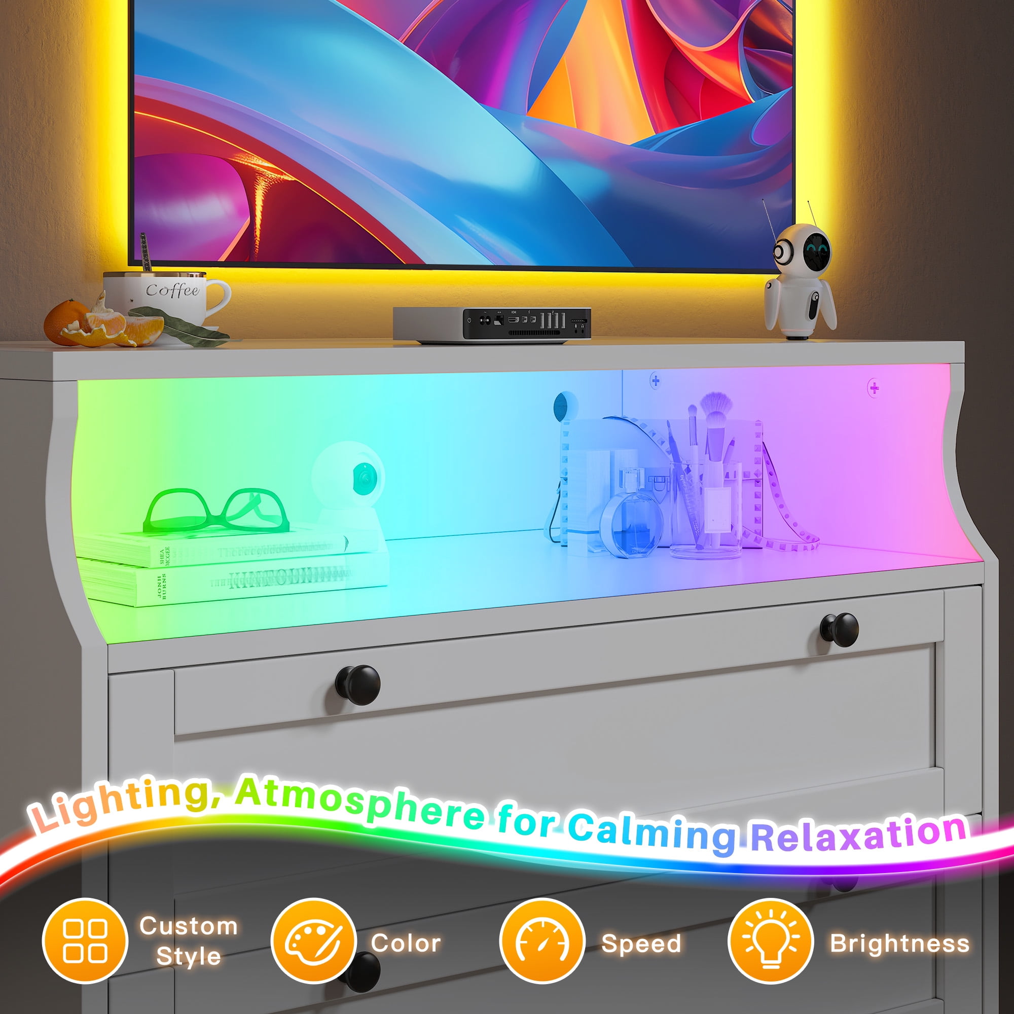 EnHomee White 5 Drawer Dresser with LED Light, 31.7"L x 15.9"W x 48.6"H, Modern Bedroom Furniture