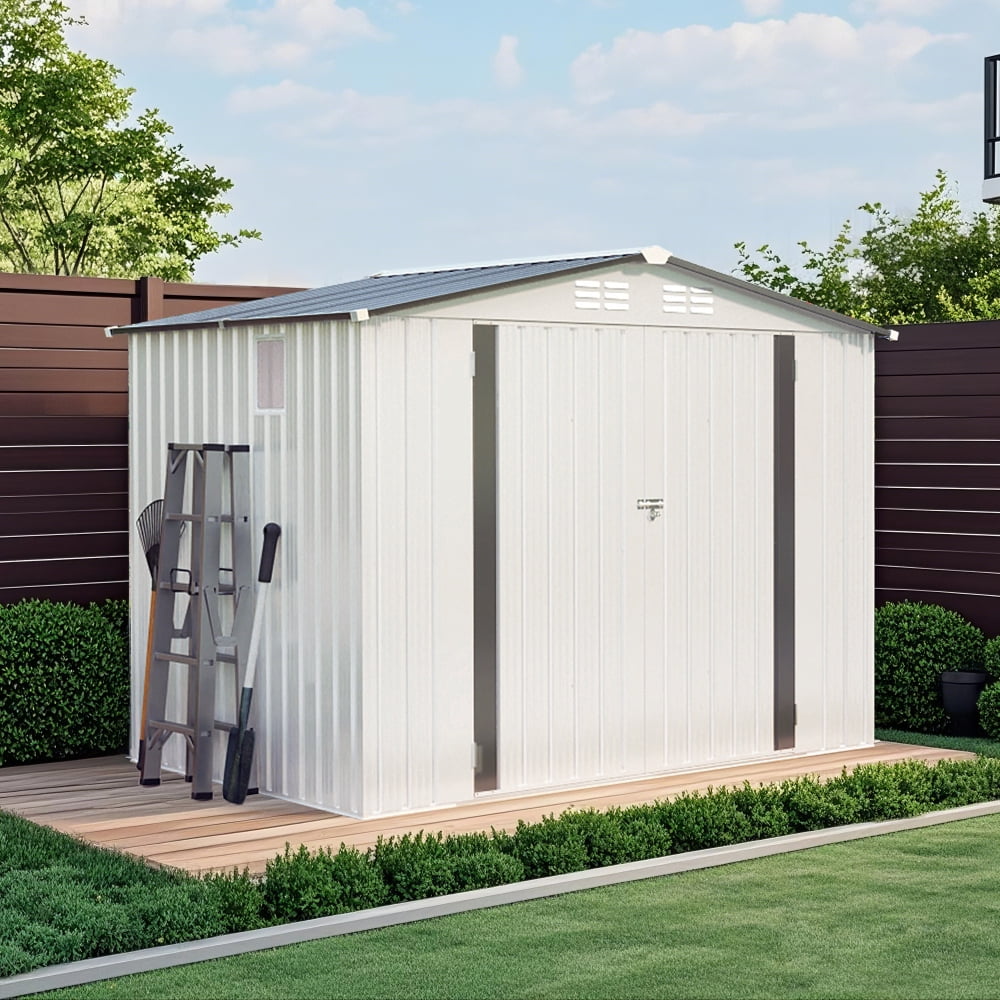 8x6 FT Metal Shed with Pitched Roof & Lockable Doors & Window, Waterproof Outdoor Storage for Garden Tools, Bikes & Sundries