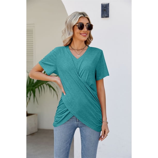 Camiseta plisada con nudo retorcido para mujer, Jersey Irregular con cuello en V, Tops de manga corta, camisetas informales de Color sólido para mujer, novedad de verano