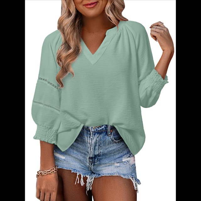 Blusas de 3/4 para Mujer, Plisadas, Informales, de Negocios, con Cuello en V, Holgadas, para Oficina Verde XL