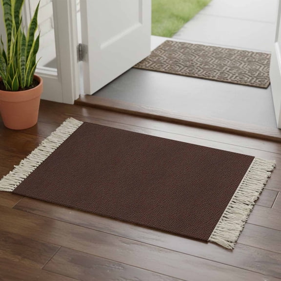 Solid Brown Bathroom Rug 2'x3', Vintage Minimalism Abstract Denim Pattern Low Profile Front Entryway Rug with Tassels, Woven Cotton Washable Kitchen Mat Carpet for Foyer Bedroom Back Door Decor