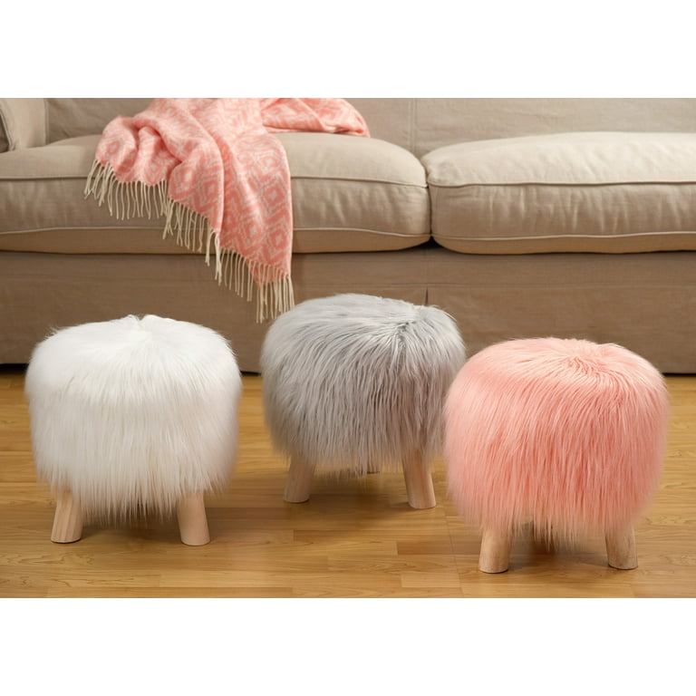 Fennco Styles Mongolian Long Hair Faux Fur Stool Ivory