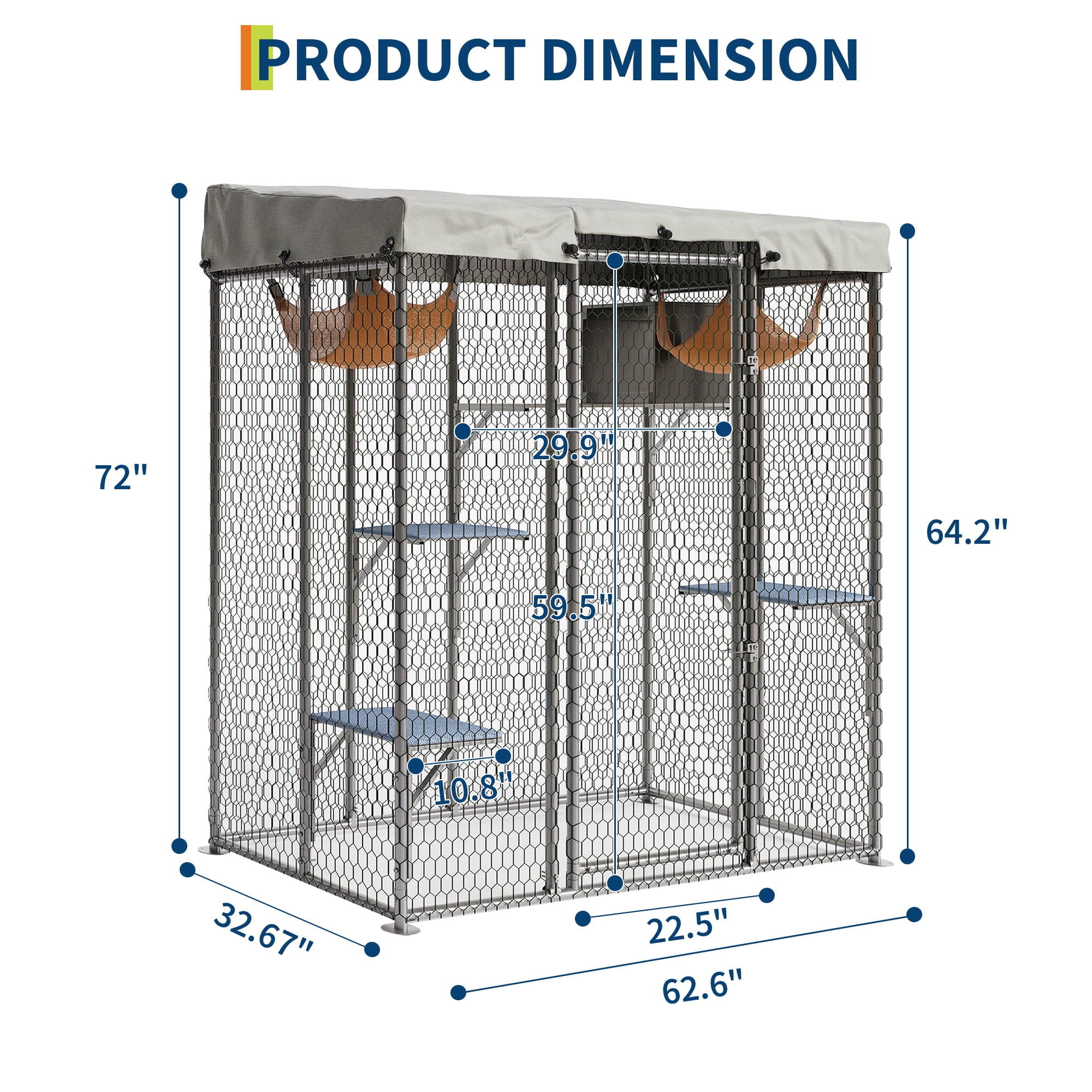 Large Catio Outdoor Cat Enclosure,Galvanized Steel Walk-in Cat House with Waterproof Cover, Resting Box & 2 Hammock, Feral Animal Shelter