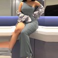 thumbnail image 4 of Qiopertar Robe Décontractée Mode pour Femmes Fendue Couleur Unie Jupe Trapèze Longue Robe Maxi Offres de la Semaine Liquidation à Moins de 5$ jusqu'à 90 % de Réduction, 4 of 8