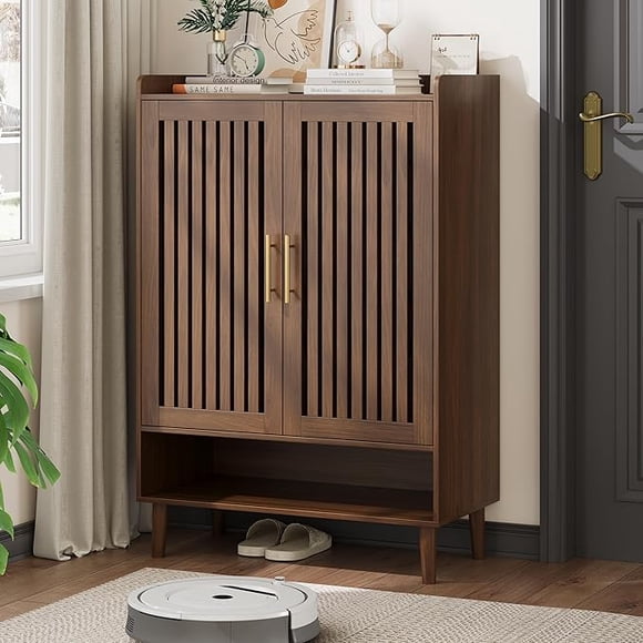 Armoire à Chaussures, Grande Armoire de Rangement pour Chaussures à 6 Niveaux avec Persiennes et 2 Portes, Armoire à Chaussures Autoportante de 44 Pouces de Hauteur pour l'Entrée avec Tablettes Ajustables, Armoire Organisatrice Moderne pour Chaussures, Meuble à Chaussures (Noyer)