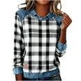 thumbnail image 2 of Womens Long Sleeve Shirts Lapel Collar Denim Sweatshirts Fashion Plaid Printed Patchwork Tops Casual Loose Sweatshirt Pullover Top Fall Outfits, 2 of 5