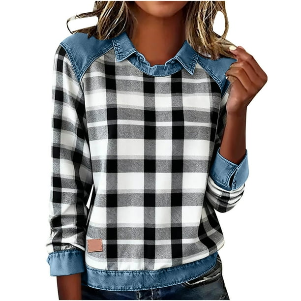 RKSTN Women's Plaid Print Sweatshirts Oversized Lapel Denim Patchwork Stitching Pullover Top Womens Casual Plus Size Turndown Collared Loose Long Sleeve T Shirts Trendy Retro Streetwear Sweatshirt