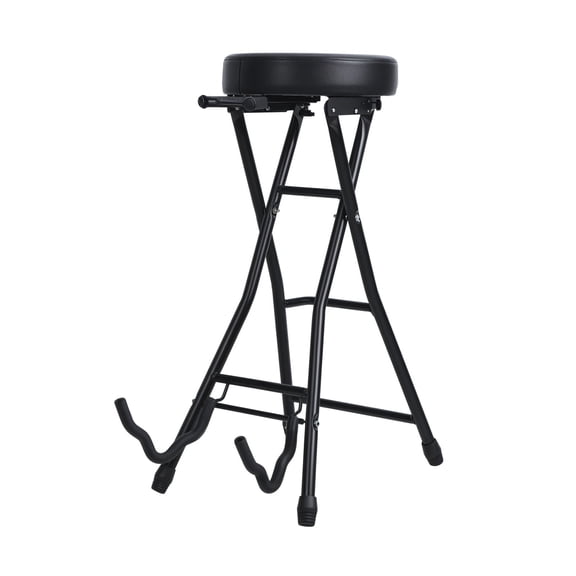 Seipola Guitar Stool with Padded Seat, Collapsible Chair with Guitar Stand, Retractable Hook, Adult Portable Folding Stool-Black