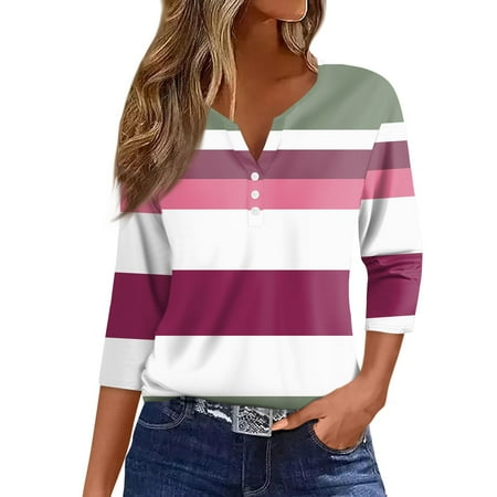 IYYVV Elbow Length Dressy Tops For Women Summer V Neck Henley Color Block Shirts For Teens 3/4 Sleeve T Shirts Fall Womens Button Down Blouse Casual Flowy Clothes For Girls Hot Pink 3XL