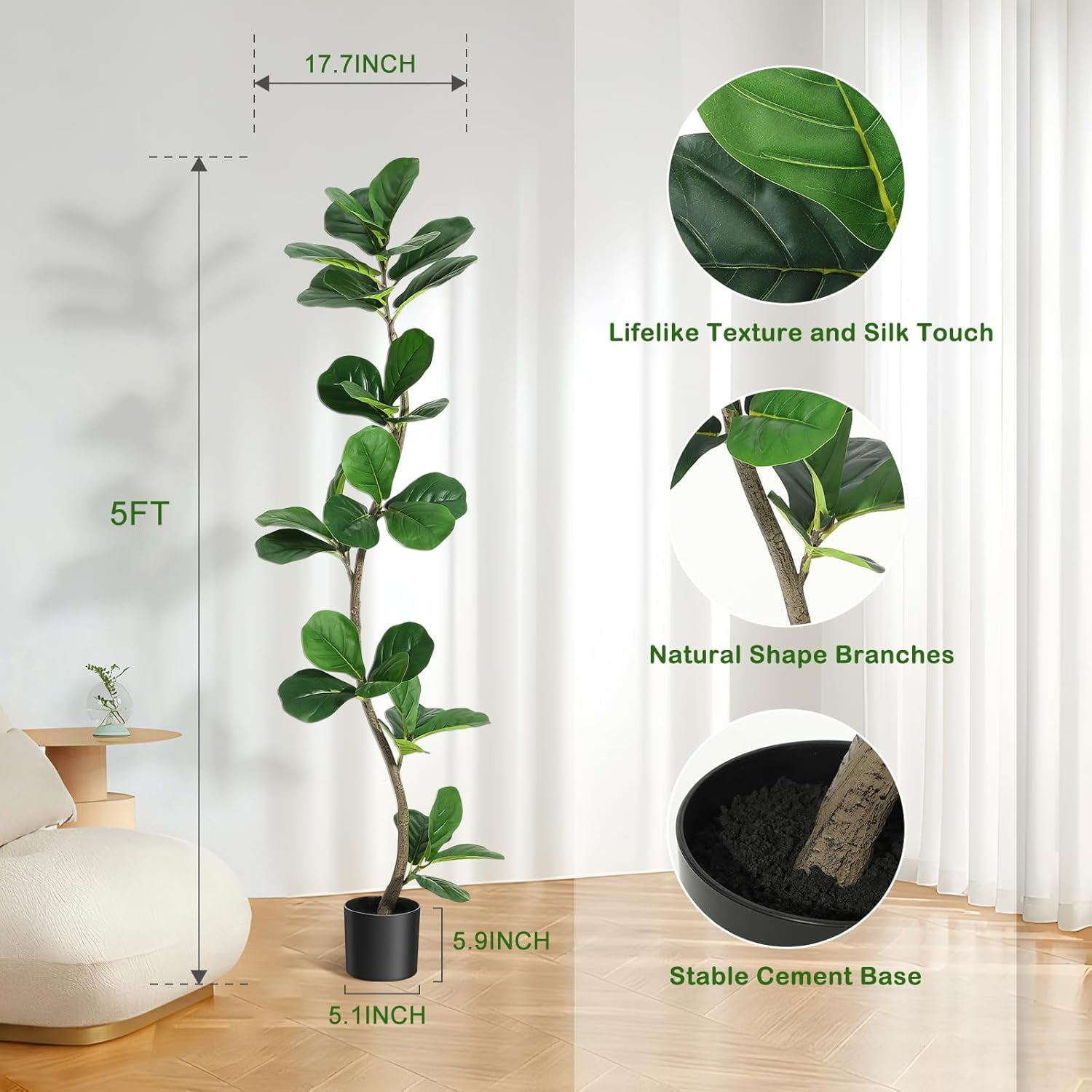 Artificial Fiddle Leaf Fig Tree, 5FT Fake Plant with Black Planter, Large Floor Plants for Home or Office Decor, Artificial Plants Indoor