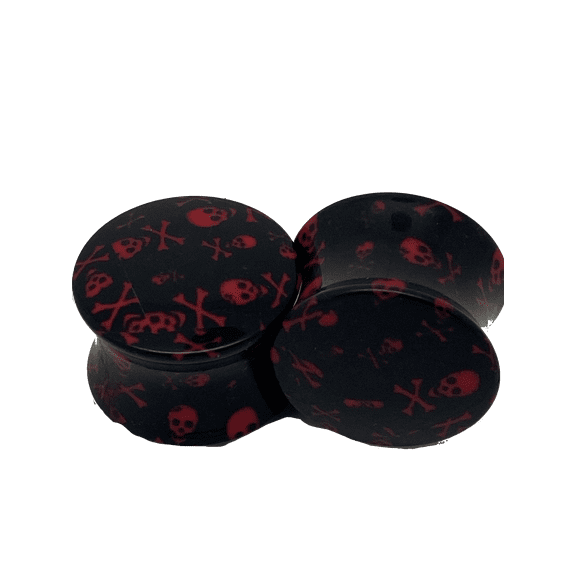 Black with Red Skulls Double Fared Acrylic Gauges/Plugs 1/2" (12mm) 2 Piece (1 Pair) (B/7/2/9)