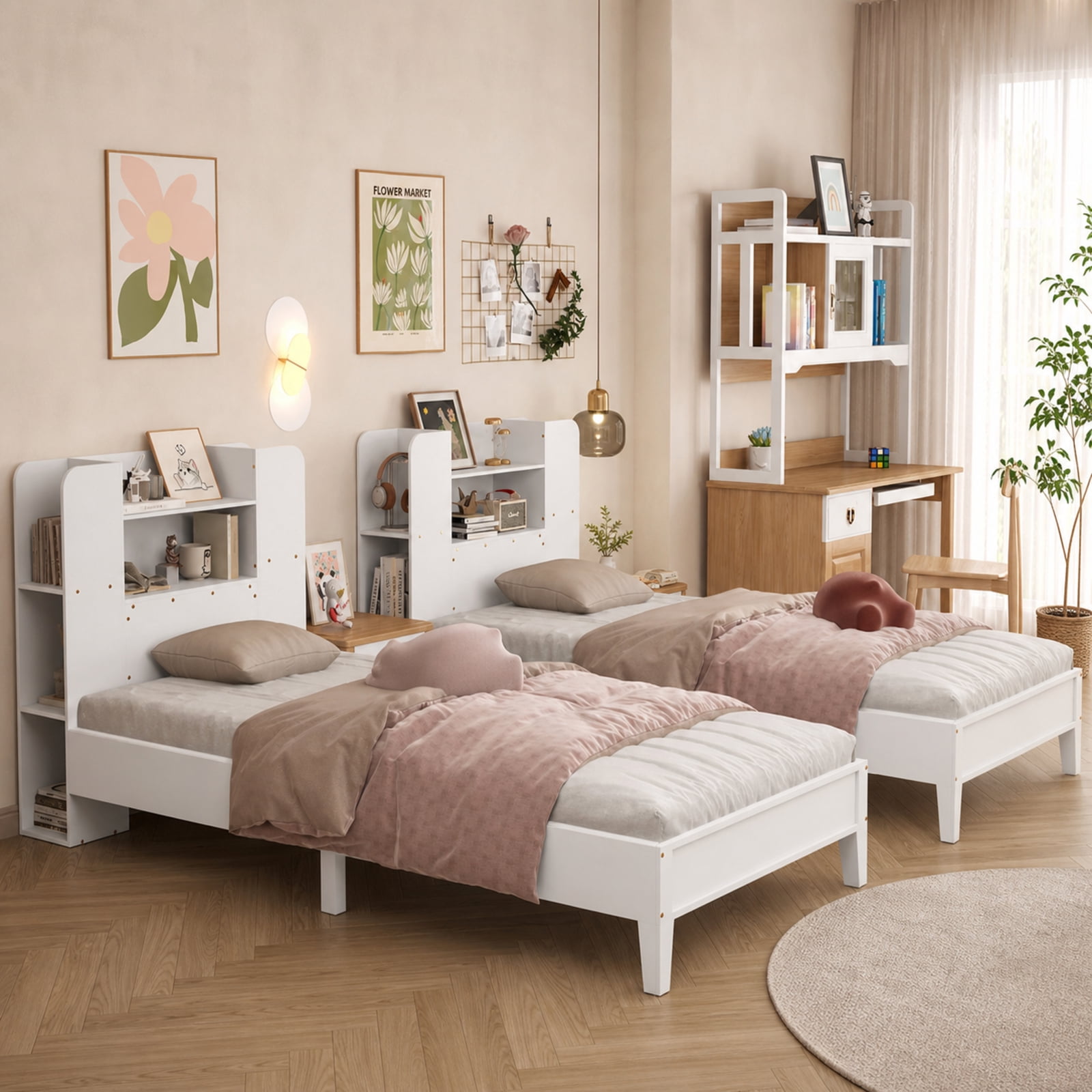 Furnibear Twin Platform Bed Frame with Built in Bookcase Headboard 2 Tier Shelf 6 Open Compartments Solid Wood Slats and No Box Spring Needed, White