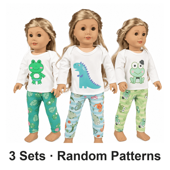 AlevRam 3 Sets 18 Inch Doll Pajamas Cute Frog & Dinosaur Pattern Long Sleeve Sleepwear Tops and Pants 18 inch Doll Clothes Random Patterns (No Doll)