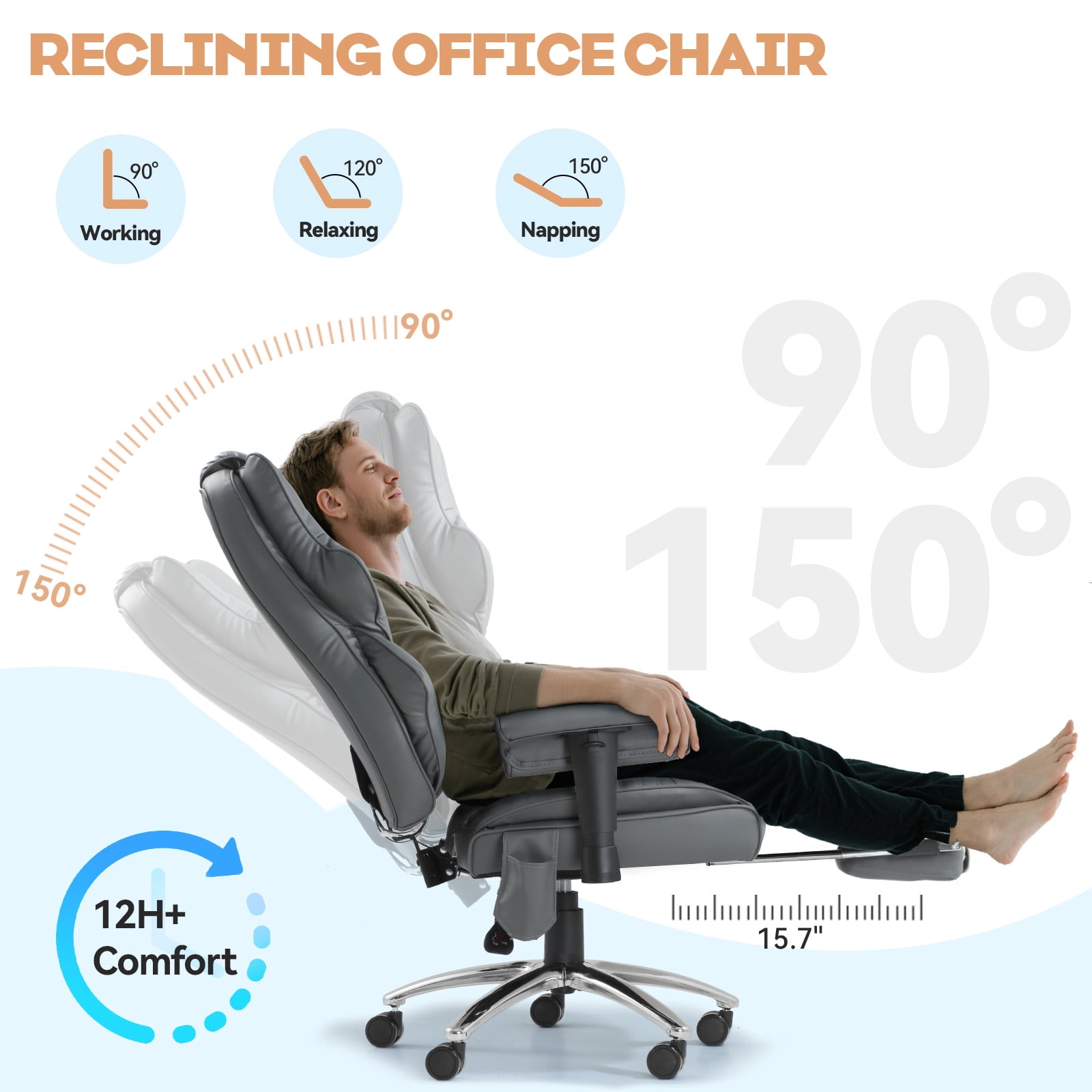 Massage & Heated Office Chair with Foot Rest, Ergonomic Executive Office Chair with Reclining Backrest, Adjustable Arms & Lumbar Support, High Back Leather Desk Chairs for Home Office, Gray