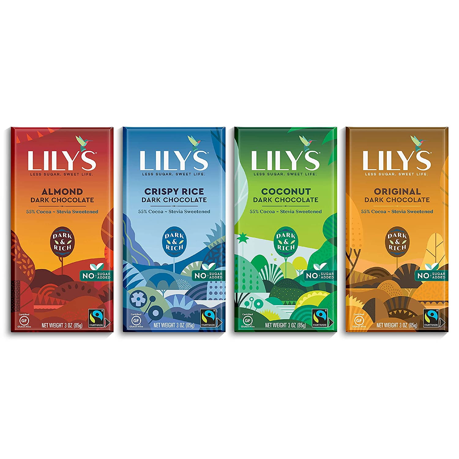 Variety 55% Dark Chocolate Bar Sampler by Lily's | Stevia Sweetened, No Added Sugar, Low-Carb, Keto Friendly | 55% Cocoa | Fair Trade, Gluten-Free & Non-GMO | 3 ounce, 4-Pack