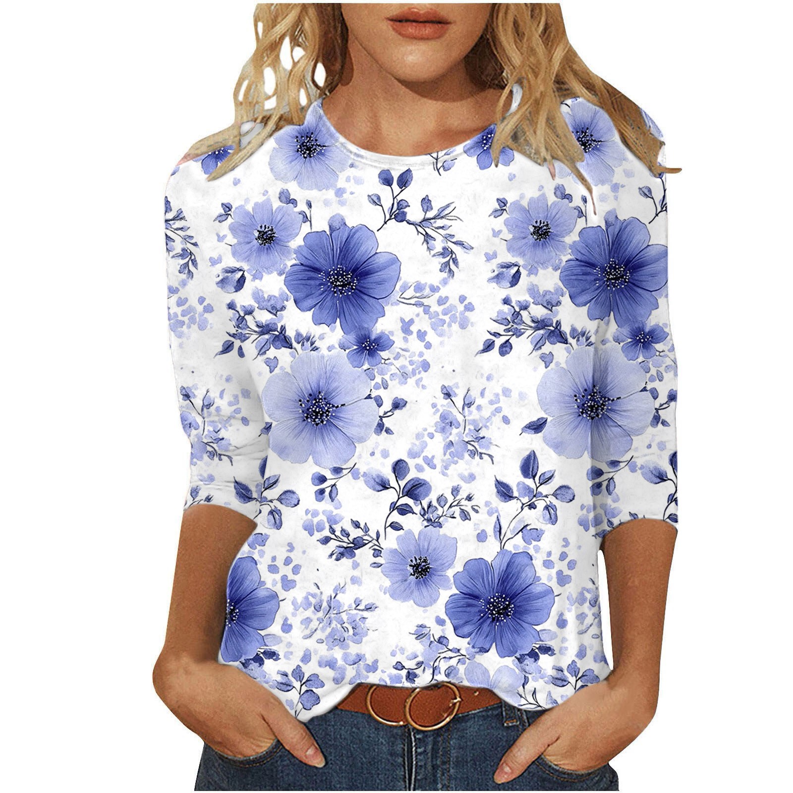 3/4 Length Sleeve T-Shirts for Women New Summer Clothing Tops Fashion Floral Print Shirts Women's Blouses Pullover Tops