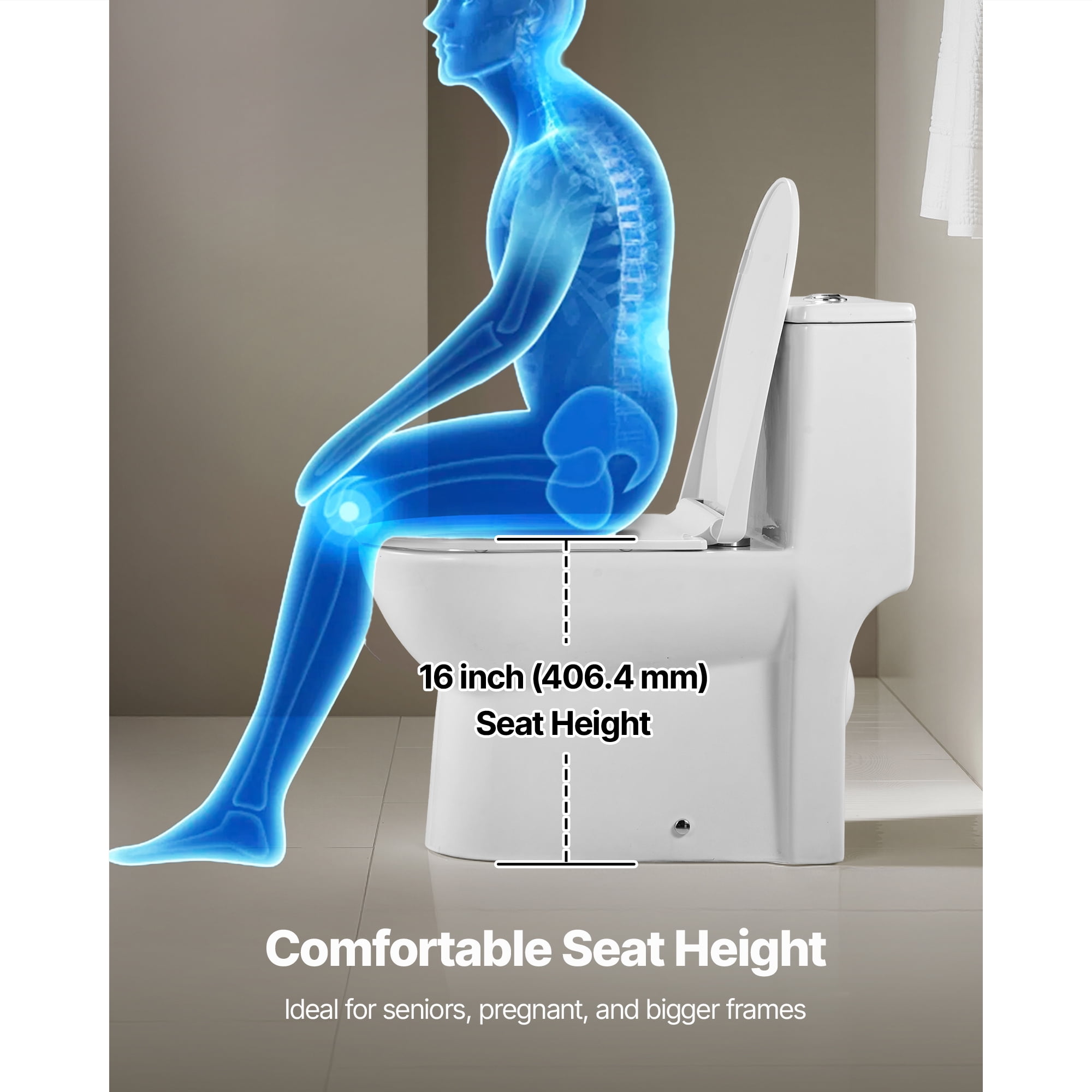 KFFKFF One-Piece Elongated Toilet with Dual-Flush 1.1/1.6 GPF, Bathroom Toilet with Comfortable Chair-Height Seat, Standard Height, Easy-to-Clean Skirted Design, 10-Inch Rough-In, White and Silver