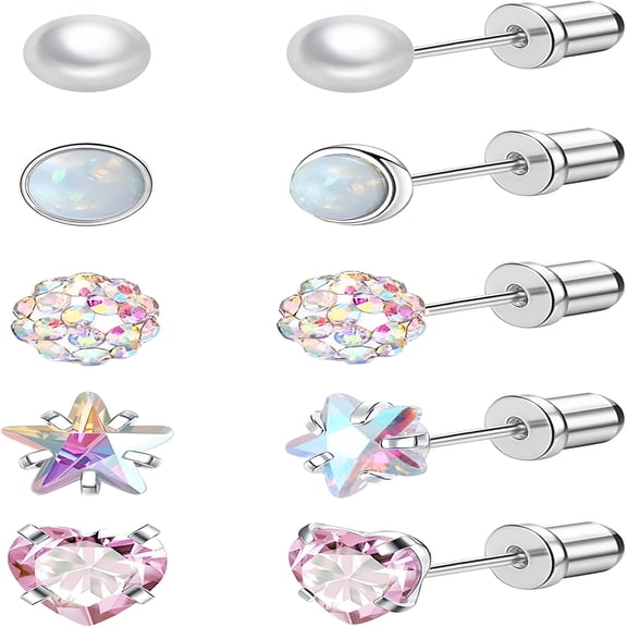 DESIGNICE 5 Pairs Titanium Earrings for Sensitive Ears Hypoallergenic Screw Back Earrings for Women Opal Pearl Heart Star Cz 20G Pure Titanium Screw on Earrings