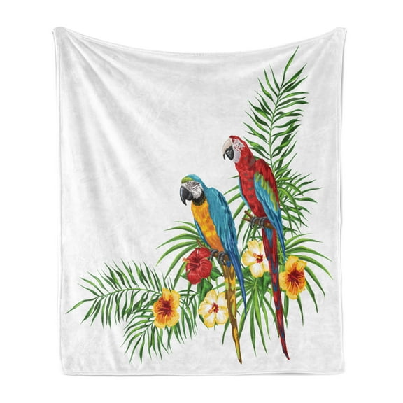 Bird Print Soft Flannel Fleece Throw Blanket, Tropical Artwork of 2 Exotic Parrots Palm Leaves and Hibiscus Flowers, Cozy Plush for Indoor and Outdoor Use, 50" x 70", Multicolor, by Ambesonne
