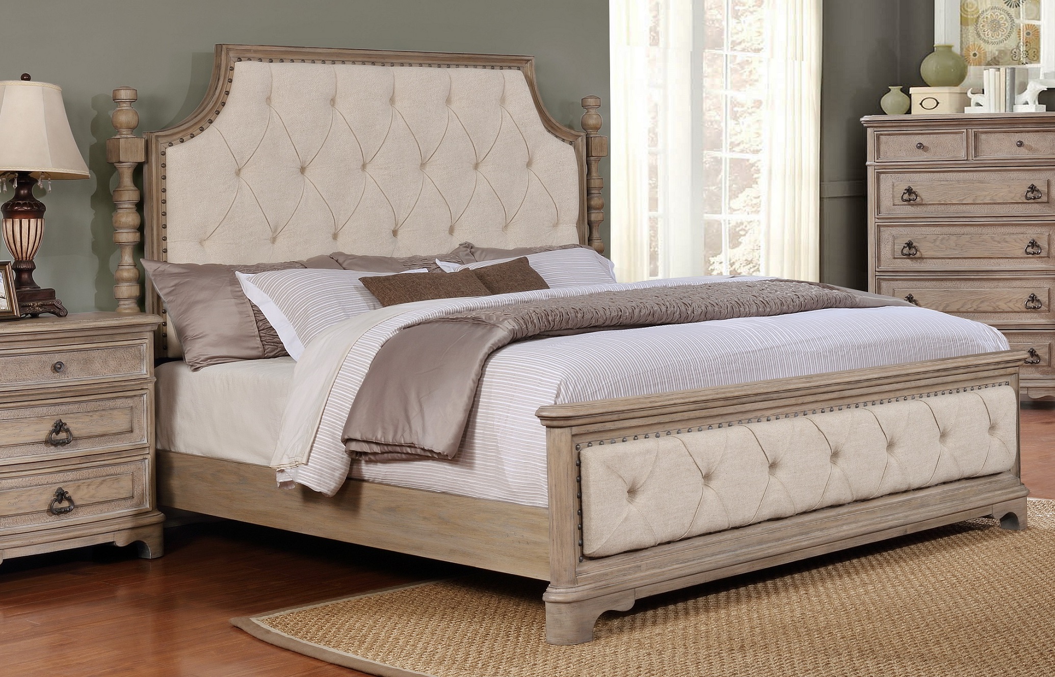Piraeus Wood Bedroom Set with Upholstered Tufted Bed, Dresser, Mirror and 2 Nightstands, White Washed Finish, Queen Size - image 2 of 8