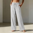 thumbnail image 5 of SAHFX Women's Linen Long Pants Drawstring Pants Work Pants Cotton Gauze Pants for Women with Pockets Breathable Linen Pant Straight Leg Pants Baggy Trousers Solid Color Slacks Lounge Trousers, 5 of 9