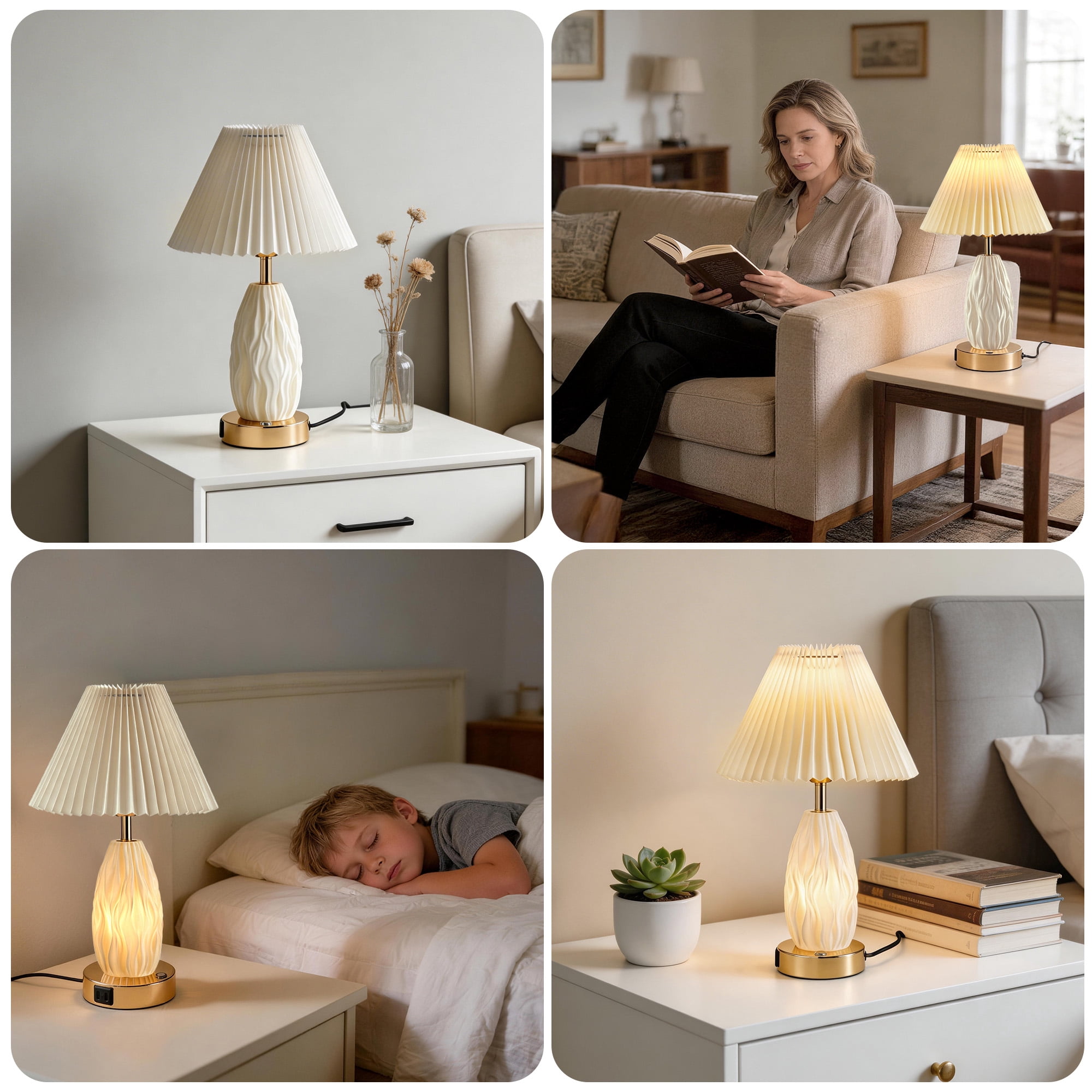 HadinEEon 17.5" Table Lamp with USB A&C Ports and Night Light, Touch Control 3 Way Dimmable Beside Lamp, for Bedroom Living Room Office, Beige