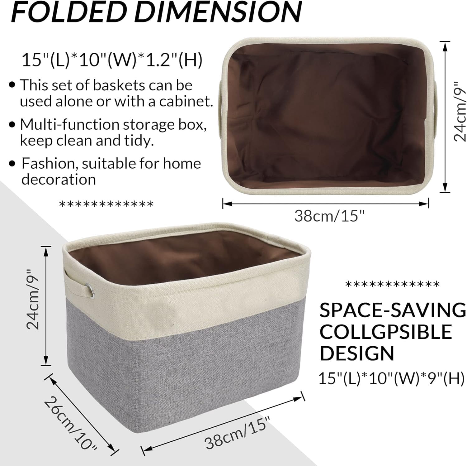 Linen Closet Collapsible Storage Basket Bin for Shelves, Fabric Rectangle Organizers with Handles for Home,Nursery,Clothes, Toys,Books, Laundry