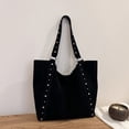 thumbnail image 3 of HUISZJ Faux Suede Shoulder Bag, Rivet Handheld Tote Bag, Large Capacity Shoulder Bag for Shopping Work School (Black), 3 of 10