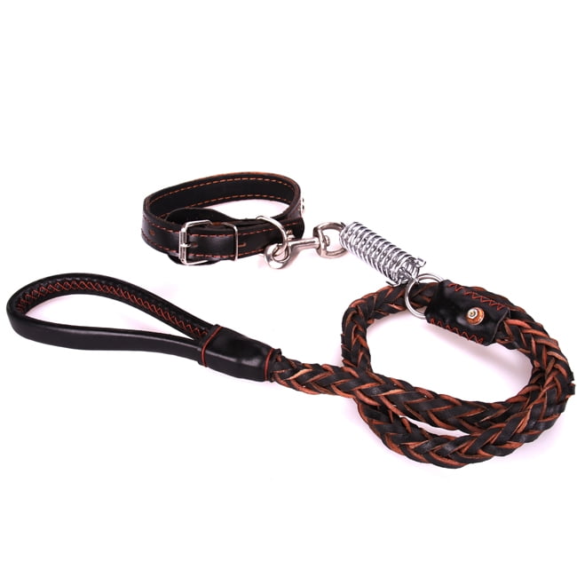 Braided Dark Grown Leather Style Leash Rope Chain Shock Spring nap M / L Pet Dog