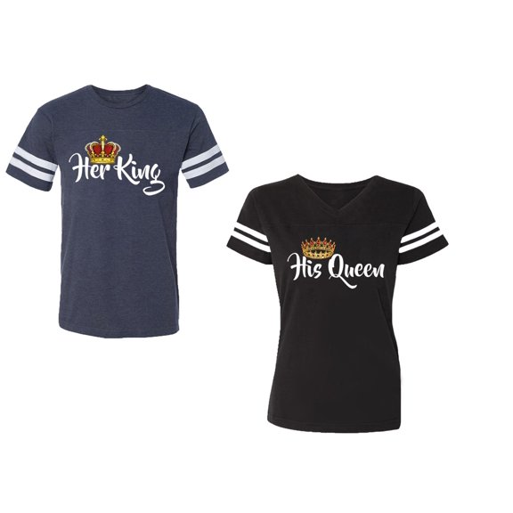 Her King His Queen Unisex Couple Matching Cotton Jersey style T-Shirt Contrasting stripes on sleeves (Men Navy / Women Black) (Men S / Women S)