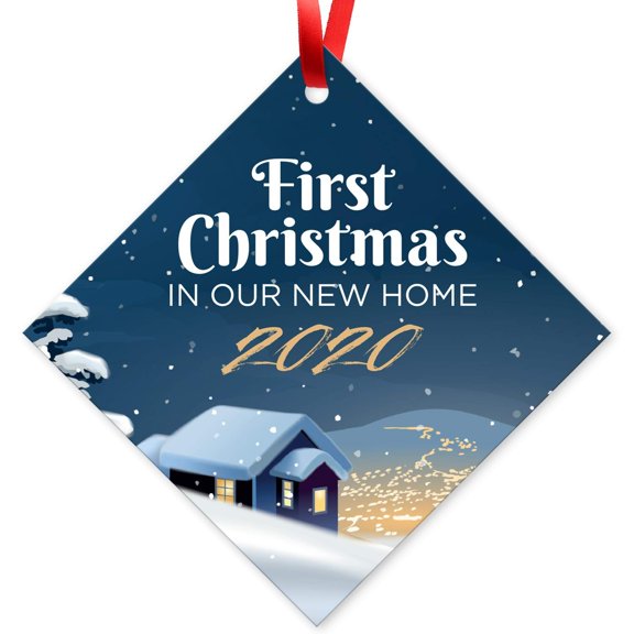 Soul Décor Christmas Ornaments, First Christmas in Our New Home 2020 Ornament, Large 3.75" Diamond Metal Ornament, Velvet Pouch Included
