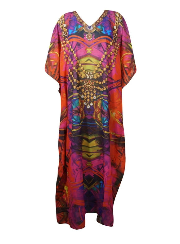 Mogul Women Boho Red Pink Maxi Kaftan Jewel Print Beach Cover Up Resort Wear Long Caftan