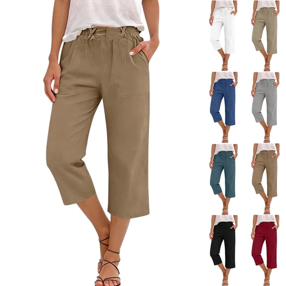 100% Cotton Womens Capri Pants Flat Front Elastic Waisted Pull-On Straight Leg Comfortable Hiking Pants With Pockets