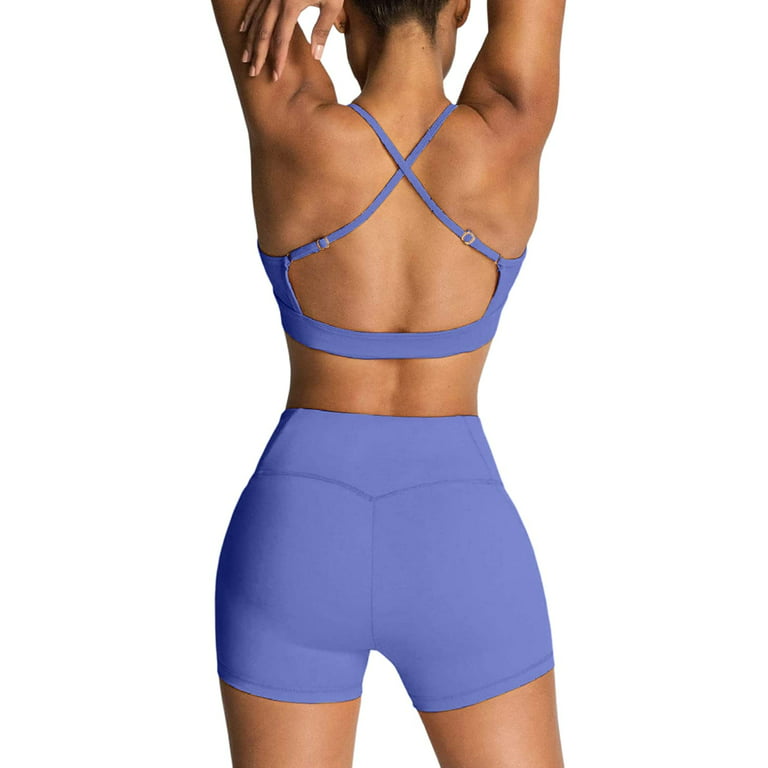 Women Yoga Outfits 2 Piece Workout Sets High Waist Running Biker Shorts  with Adjustable Sport Bra Set Gym Clothes Tracksuit Large Blue