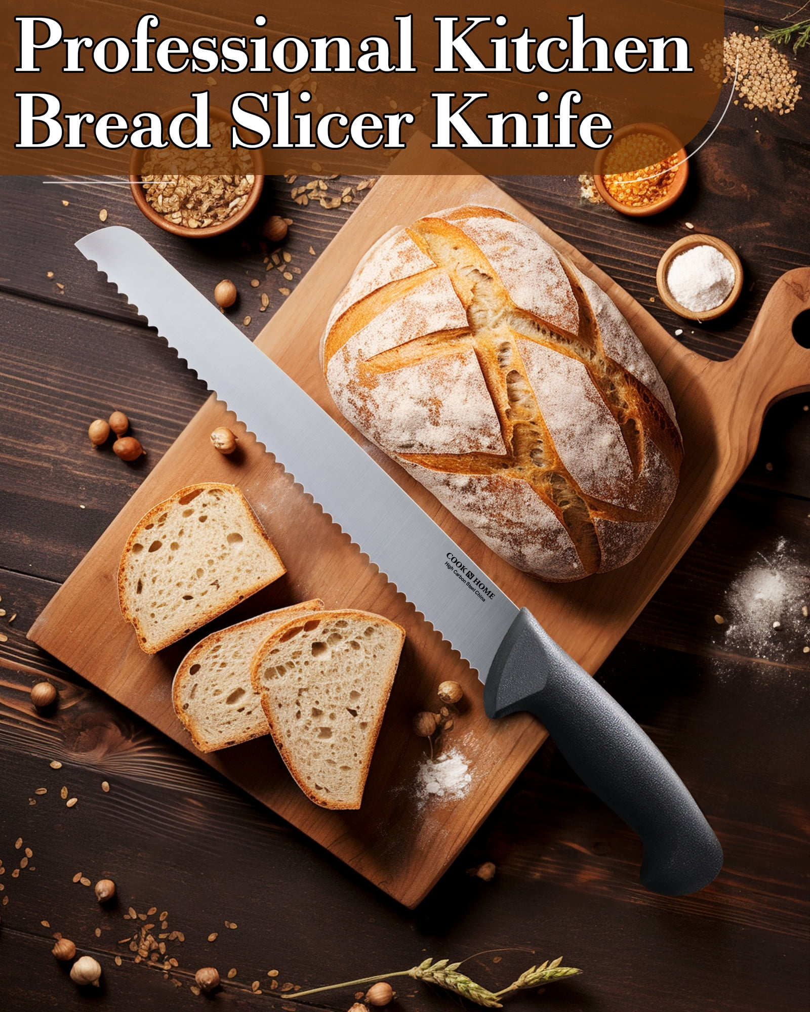 Cook N Home Professional Cutlery 10 Inch Bread Slicer Knife, Wavy Serrated High Carbon German Stainless Steel Sharp Kitchen Knife, Ergonomic Handle, Black