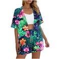 thumbnail image 5 of HOZADOIE Two Piece Sets for Women Beach Lounge Sets Stylish Hawaiian Print Color Block Short Sleeve Cardigan Elastic Drawstring Waist Shorts Summer Matching Set, 5 of 7