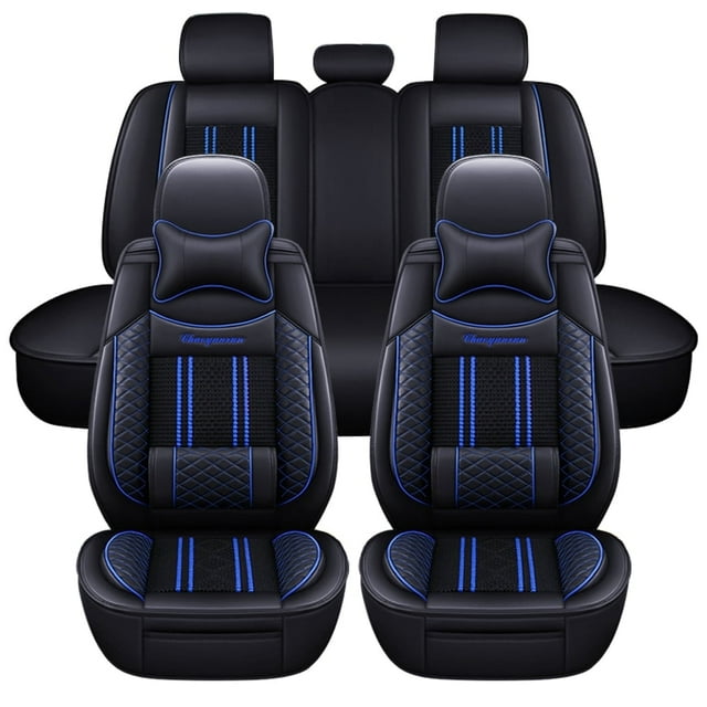 Maidao Car Seat Covers Leather Full Set for Cadillac for CT6 2016-2020 5 Seats Waterproof Front Rear Cushion Protector with Pillow and Headrest Black and Blue
