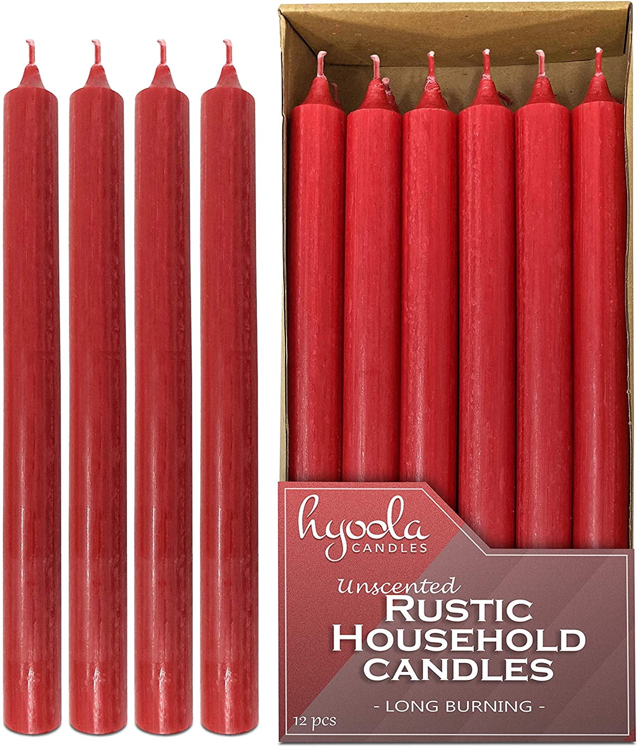 Hyoola 10" Rustic Robin Red Dripless Dinner Candles Unscented Paraffin Wax with Cotton Wicks, 12-Pack