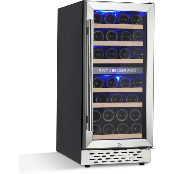 28 Bottles, Single Zone Dual Temperature, Built-in Single Door Wine Cabinet, Wine Fridge, Single Door Wine Cooler Refrigerator with Adjustable Shelves, Digital Temperature Control, Black