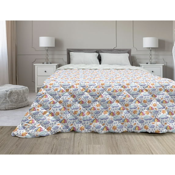 Autumn Down Alternative Comforter, Watercolor Look Rain Umbrella Clouds Pastel Colorful Arrangement, Microfiber Quilt for All Season, 5 Sizes, Pale Sky Blue Pale Pink, by Ambesonne
