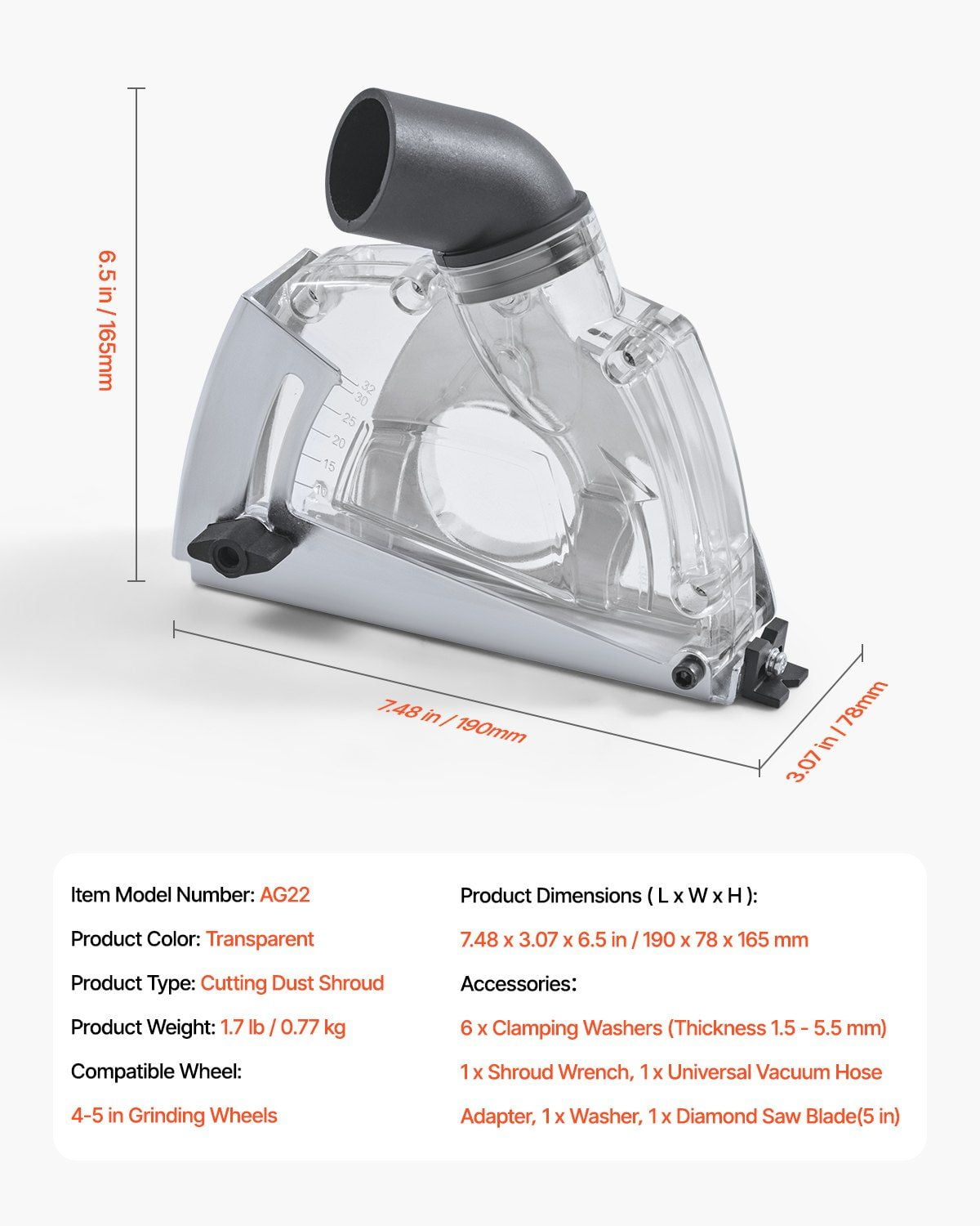 Universal Angle Grinder Dust Shroud 5", Compatible with 4-5 in Grinders & 5 in Cutting/ Grinding Wheels