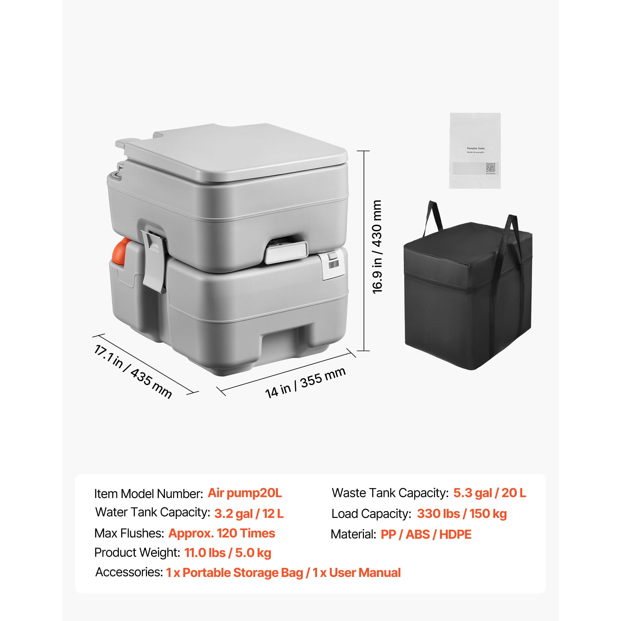 KFFKFF Portable Toilet with 5.3 Gallon Removable Waste Tank, 120 Flush Capacity, Travel-Friendly Design for Outdoor Activities, Includes Level Indicator and Carry Bag, Ideal for RVs, Camping, Hiking