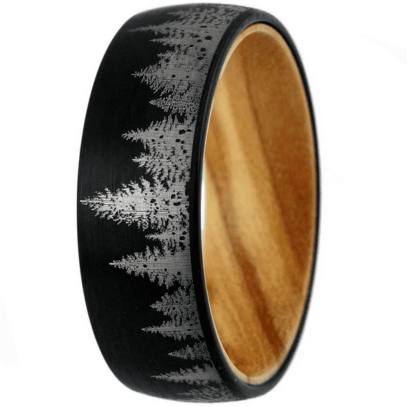 Black Tungten Wedding Band with Olive Wood - Pine Tree Forest Design - Satin Finish 8mm