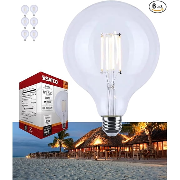 Satco S12155 8W LED G40 Globe Bulb, Warm Dimming 3000K-2000K, 800 Lumens, 90 CRI, 60W Replacement, Clear Glass, E26 Medium Base, Enclosed Fixture Rated, Dimmable, 120 Volt (6 Pack)