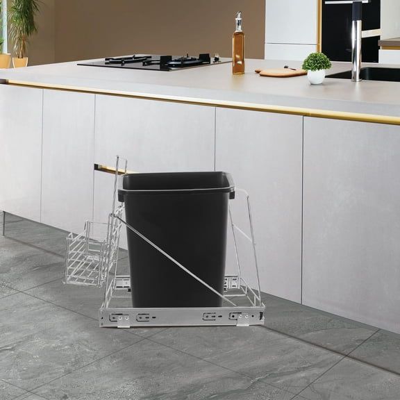 FOMIYES Stainless Steel Kitchen Trash Can with Pull-Out Shelf, Plated Holder for Organized