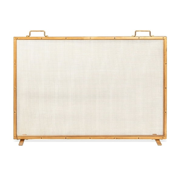 38x27in Single Panel Fireplace Screen Handcrafted Steel Mesh Spark Guard for Living Room, Bedroom Décor w/Handles - Gold