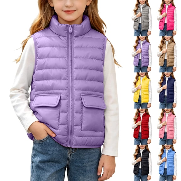 Spazoro Girls Lightweight Puffer Vest with Patch Pockets, Stand Collar Full Zip Solid Color Sleeveless Warm Quilted Outerwear Gilet Purple Size 5-6
